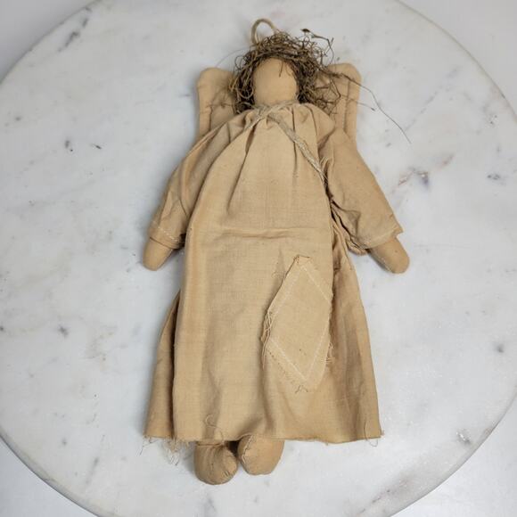 Vintage Angel Rag Doll Christmas Tree Topper 9" Tan Fabric Handmade Decoration - Picture 1 of 12